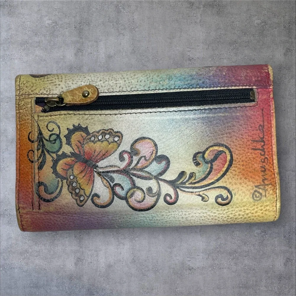 Anuschka Hand Painted Leather Envelope Flap Organizer Wallet Butterflies Floral